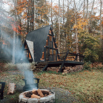 a frame tiny house in woods