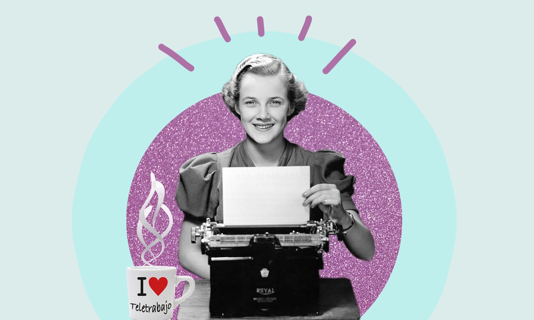 mujer con máquina de escribir y taza de café trabajando en casa