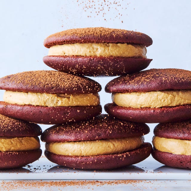 chocolate whoopie pies with cream sandwiched between