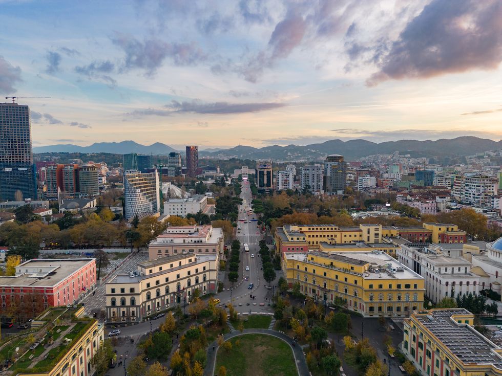 tirana town square from drone, albanian capital