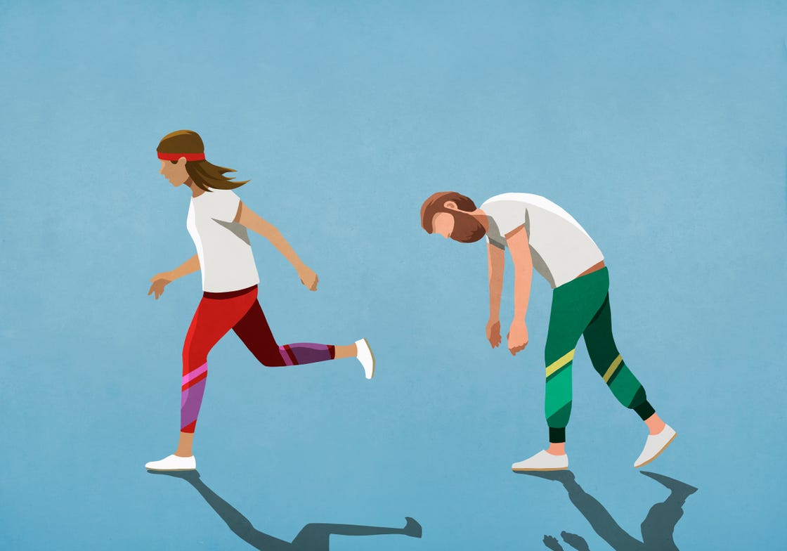 tired husband following running wife
