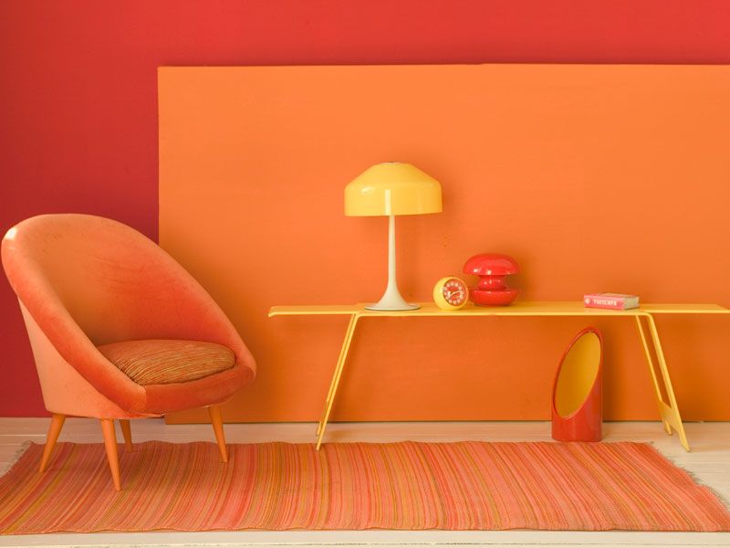 Orange, Red, Furniture, Yellow, Wall, Room, Interior design, Table, Pink, Floor, 