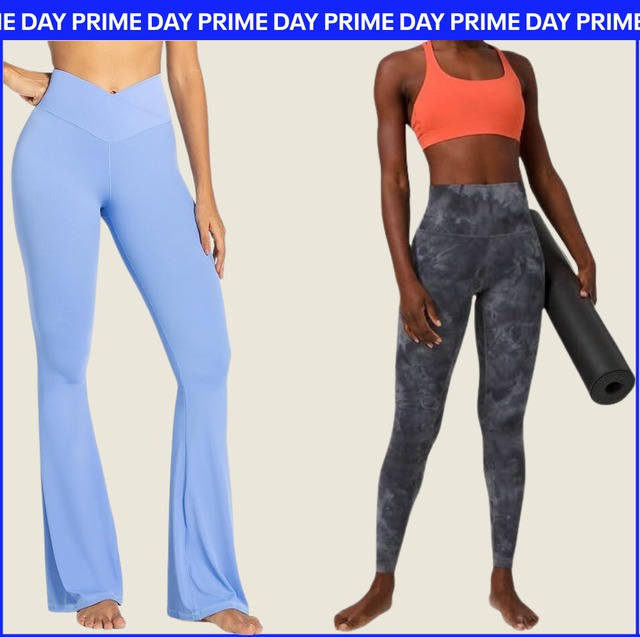 Best Prime Day Legging Deals of 2024 a collage of a woman wearing blue pants and a red top