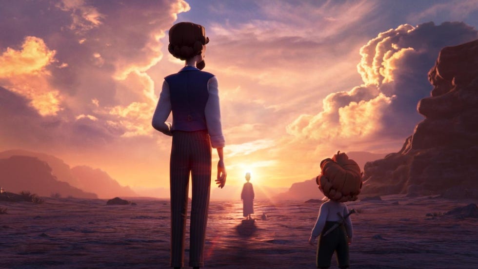 an animated charles dickens and a young child from the back, watching jesus walk on water