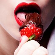 Lip, Cheek, Skin, Strawberry, Fruit, Tooth, Jaw, Natural foods, Strawberries, Organ, 