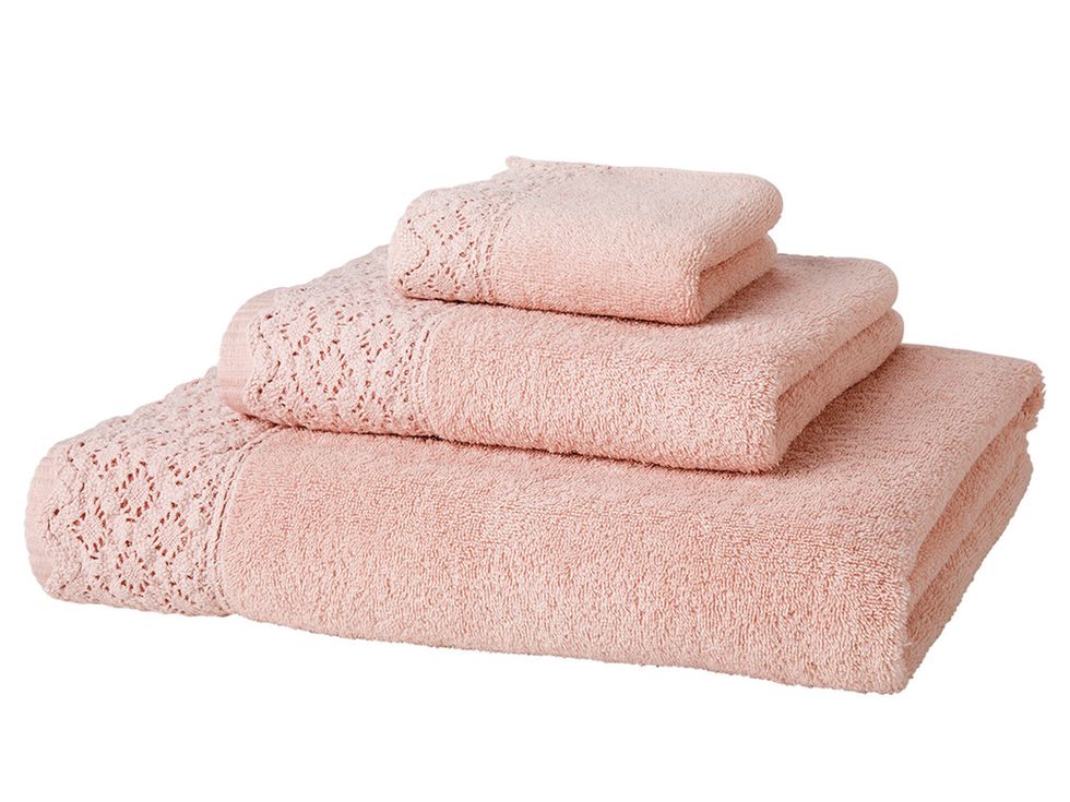 Towel, Pink, Linens, Textile, Beige, Bedding, Mattress pad, Rectangle, Furniture, Brick, 