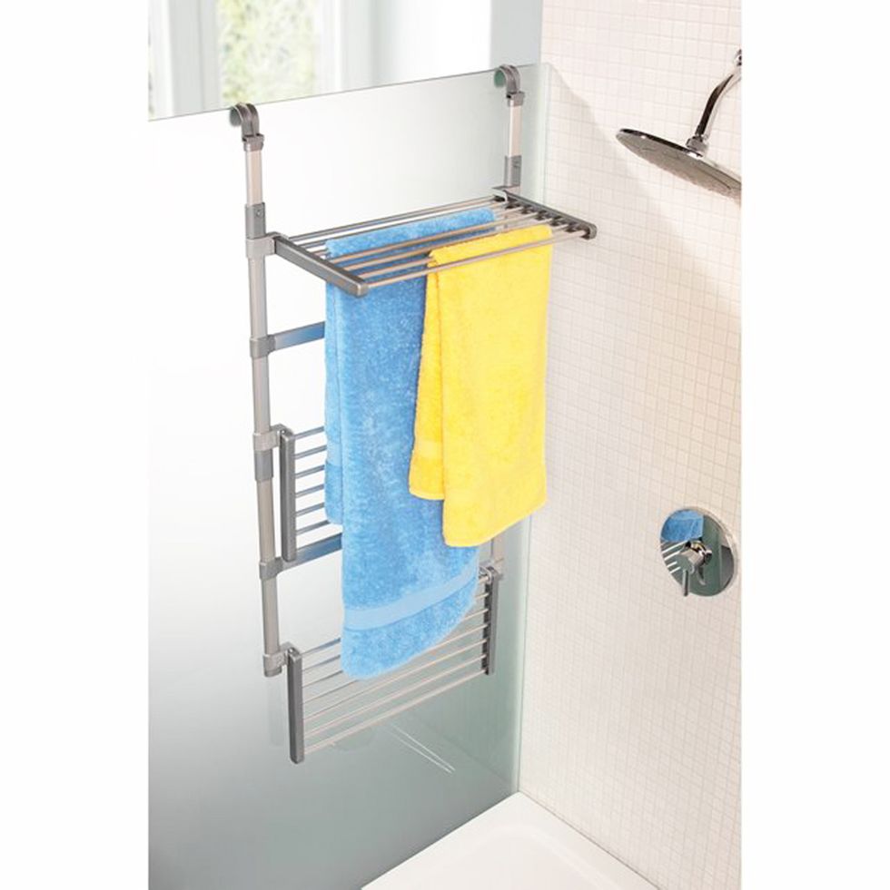Ironing board, Shelf, Product, Turquoise, Furniture, Towel, Shelving, Room, Bathroom accessory, Linens, 