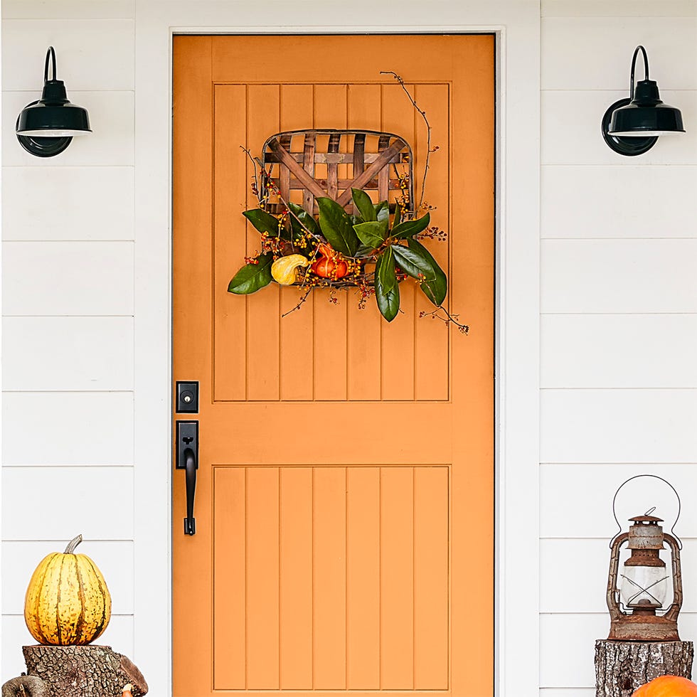 fall doorway, autumn decor orange door, dog lying in the yard