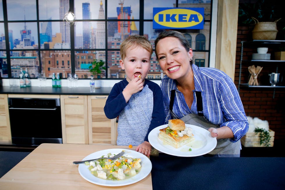 dylan dreyer and son calvin bradley fichera pose onstage for a culinary demonstration during the grand tasting presented by shoprite featuring culinary demonstrations at the ikea kitchen presented by capital one at pier 94 on october 13, 2019 in new york city