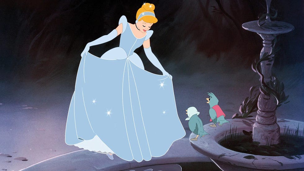 cinderella shows off her ball gown to birds in a scene from cinderella, a good housekeeping pick for best toddler movies