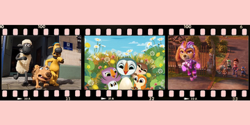 scenes from the shaun the sheep, puffin rock and paw patrol movies laid out on a film strip