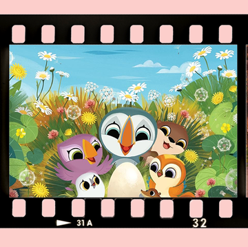 Best Movies for Toddlers Under 3 scenes from the shaun the sheep, puffin rock and paw patrol movies laid out on a film strip