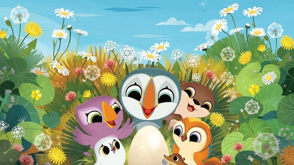 a group of animals watches over an egg excitedly in a scene from puffin rock and the new friends