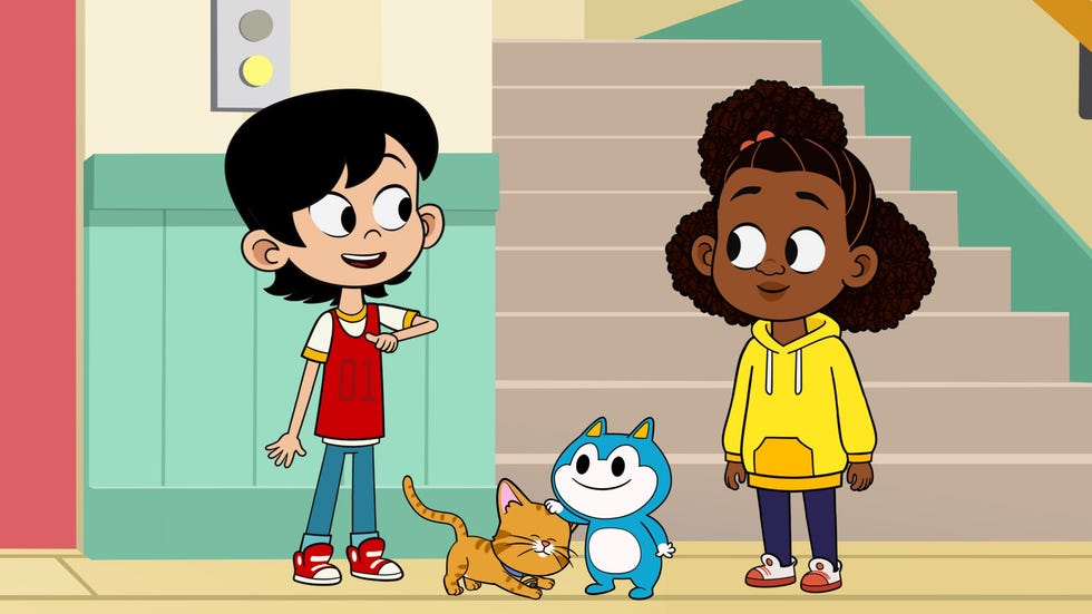 two children and two animated pets interacting in a hallway