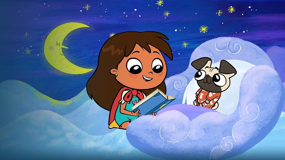 a girl reading a book to a pug on a cloud under a starry sky in a scene from rosie's rules