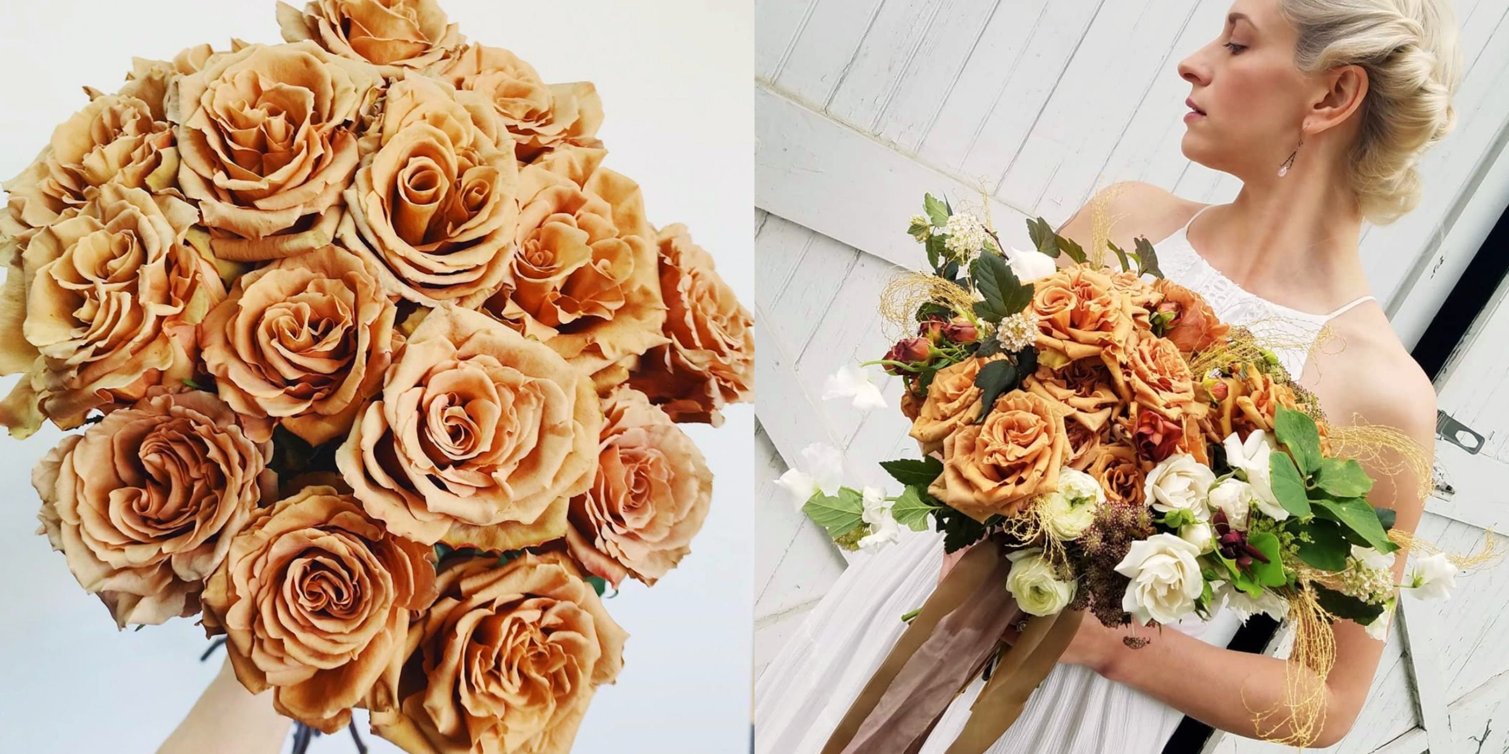 Toffee rose bouquet with chiffon ribbon