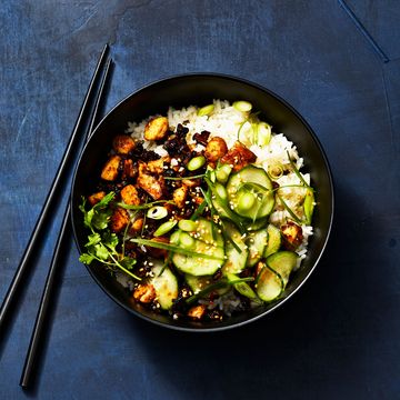 sticky tofu bowl cucumber and white rice