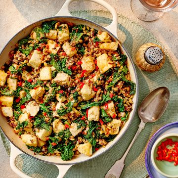 tofu, kale and mixed grains stirfry
