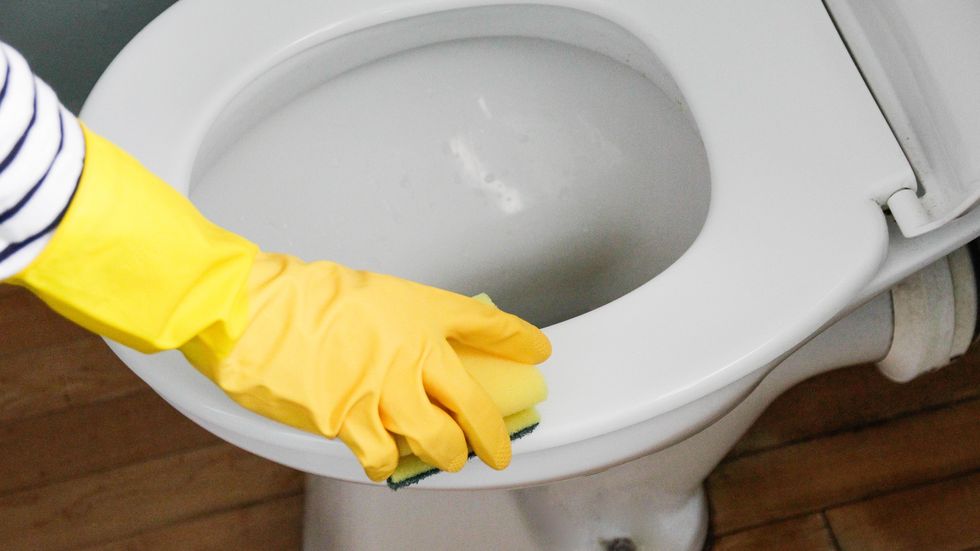toilet bowl cleaning, hand with a yellow glove scrubbing toilet seat