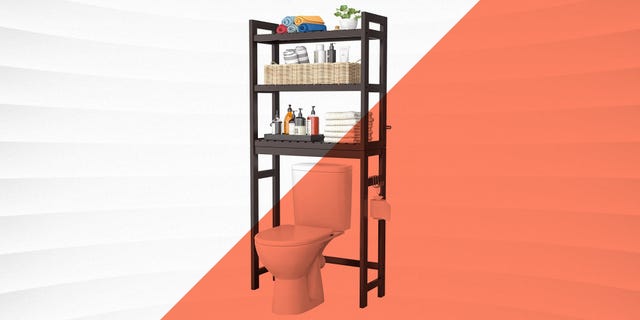 2-Tier Freestanding Matte Black Metal Over-the-Toilet Storage Rack with  Magazine Holder Basket