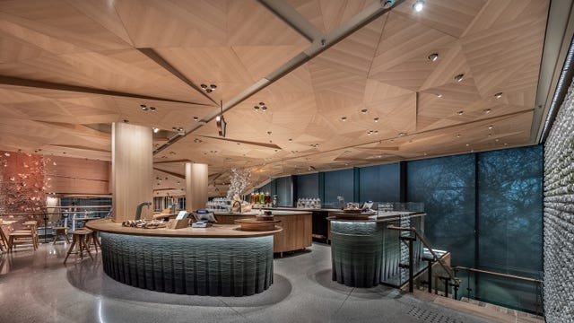 Ceiling, Interior design, Building, Architecture, Lighting, Room, Wall, Floor, Design, Restaurant, 