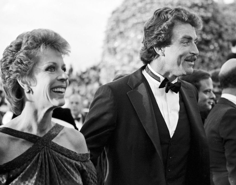 los angeles, california april 11  carol burnett and tom selleck arrive during the 55th annual academy awards at the dorothy chandler pavilion, april 11, 1983 in los angeles, california photo by bob riha, jrgetty images