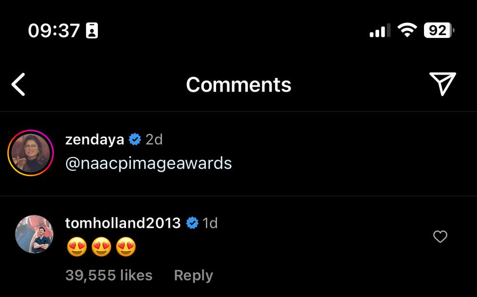 tom holland's comment on zendaya's post