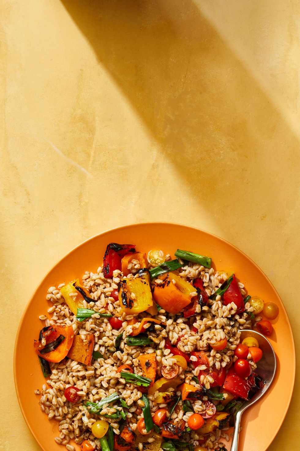 farro salad with peppers, tomatoes, and basil on a plate