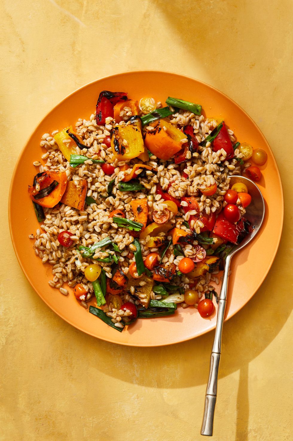 farro salad with peppers, tomatoes, and basil on a plate