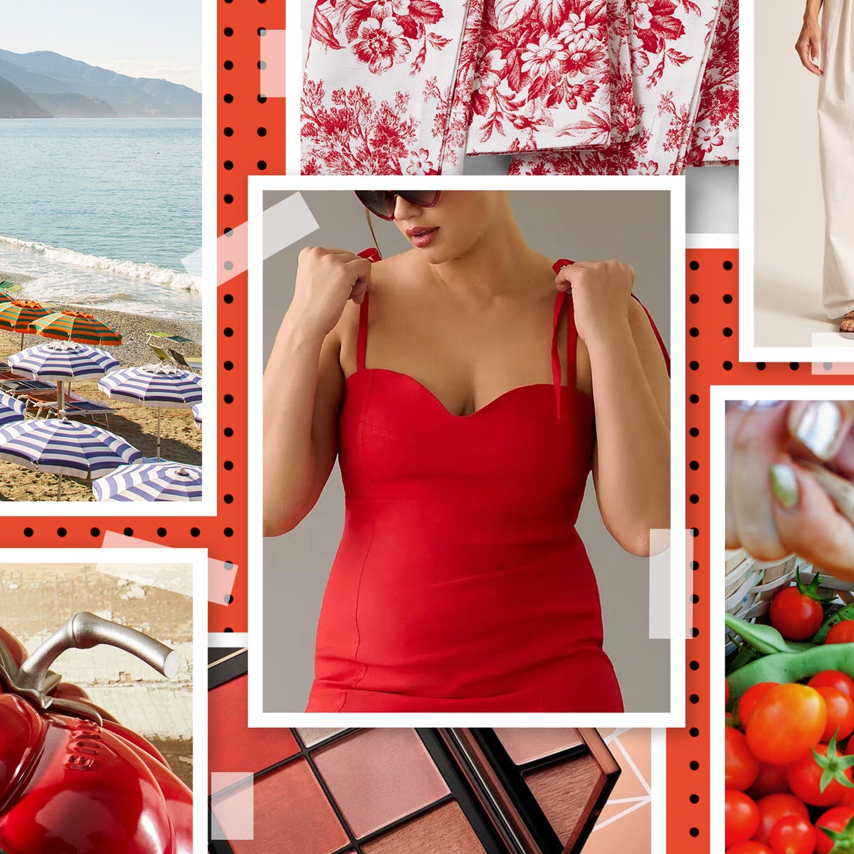 italian beach, gingham dress, red corset dress, tomato cookware, linen pants, gingham swimsuit, basket of tomatoes, toile napkins italian beach, gingham dress, red corset dress, tomato cookware, linen pants, gingham swimsuit, basket of tomatoes, toile napkins