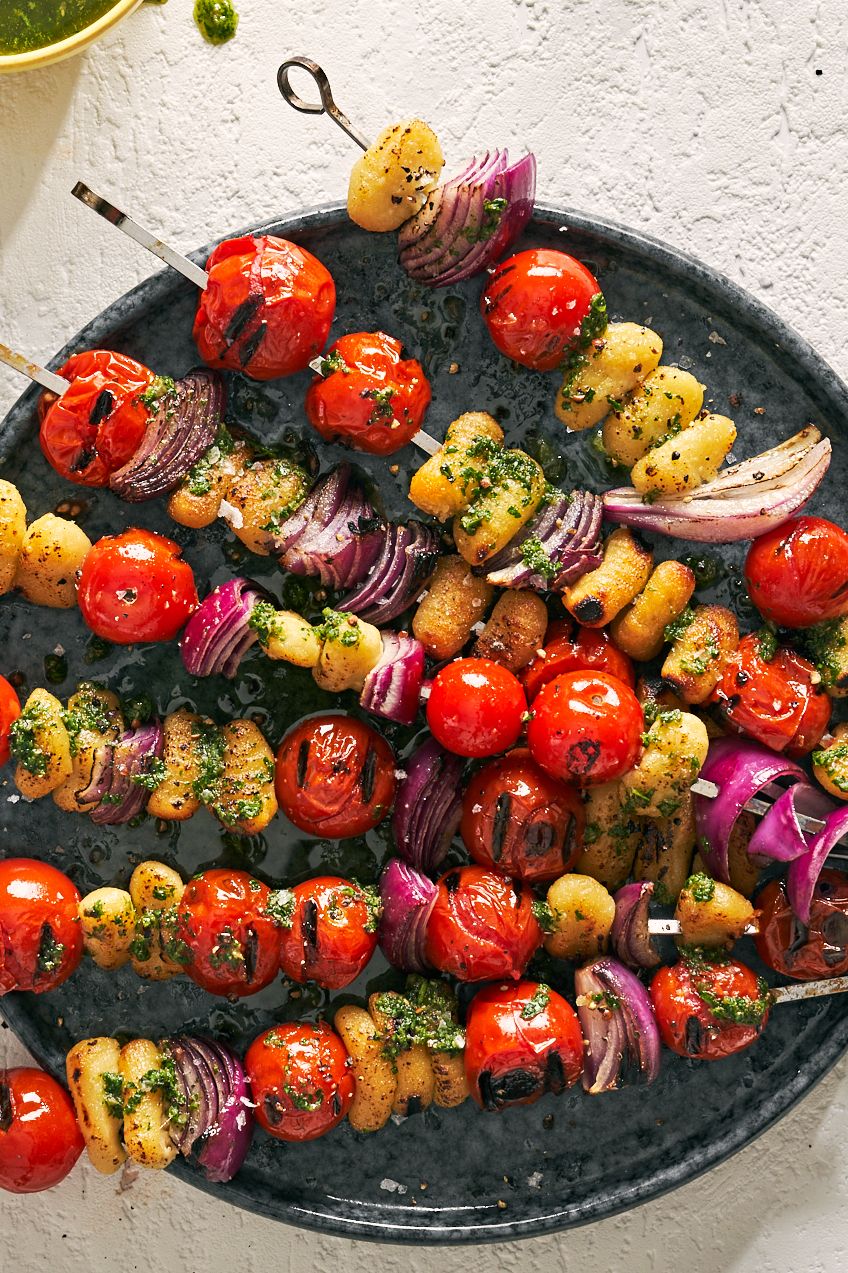 tomato gnocchi kebabs with red onion and salsa verde