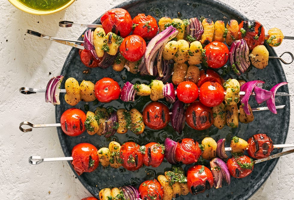 tomato gnocchi kebabs with red onion and salsa verde
