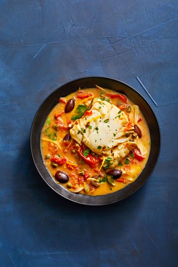 tomato poached cod with olives and capers
