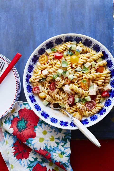 chipotle pasta salad with red white and blue decor