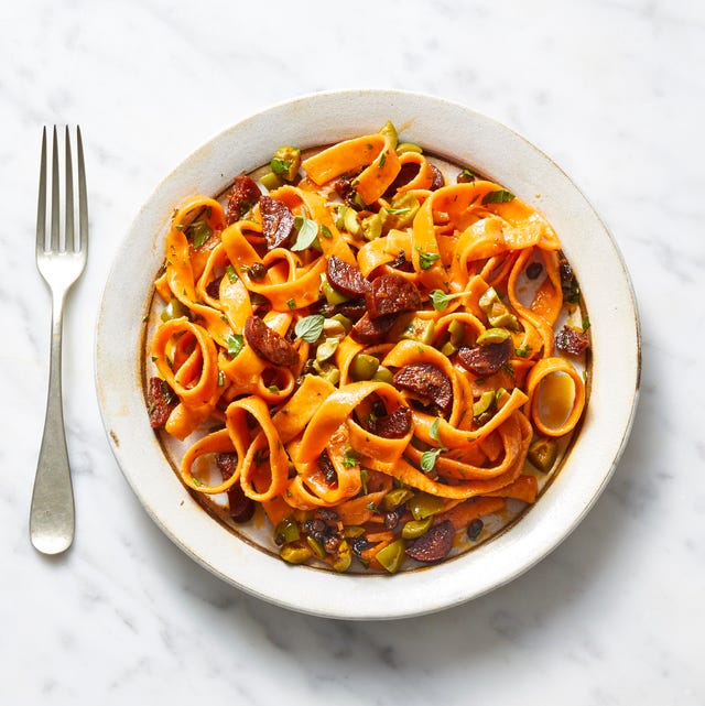 Tomato Tagliatelle With Chorizo and Olives tomato tagliatelle with chorizo and olives
