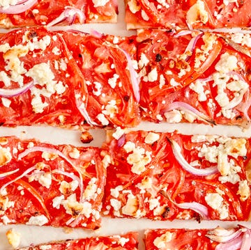 Tomato Tart tomato tart topped with red onion and crumbled feta