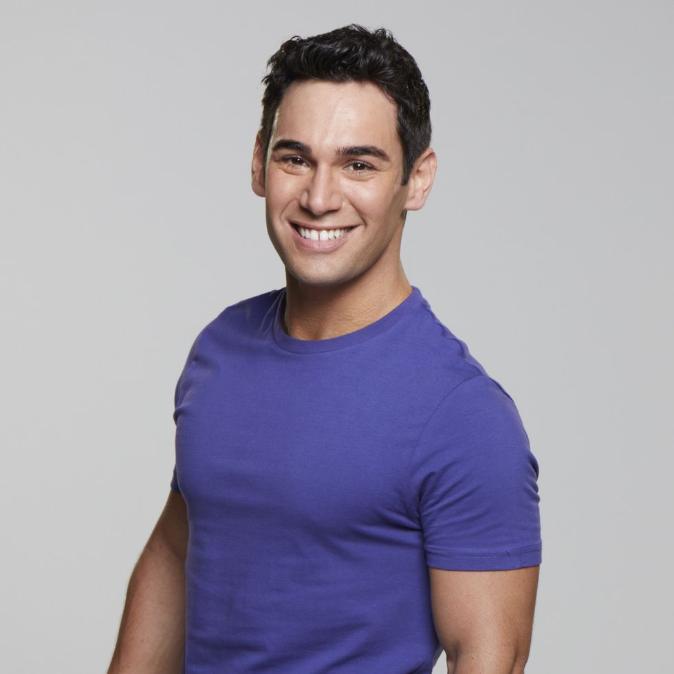 T-shirt, Neck, Chin, Shoulder, Purple, Arm, Sleeve, Smile, Muscle, Electric blue, 