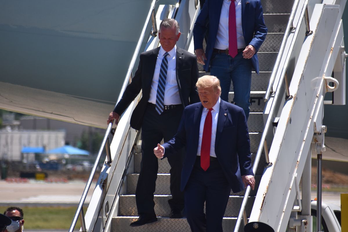 texas, usa   june 11 us president donald trump steps off air force one, alongside tommy tuberville l candidate for united states senate from alabama, upon arrival in dallas, texas, on june 11, 2020, where he will host a roundtable with faith leaders and small business owners photo by kyle mazzaanadolu agency via getty images