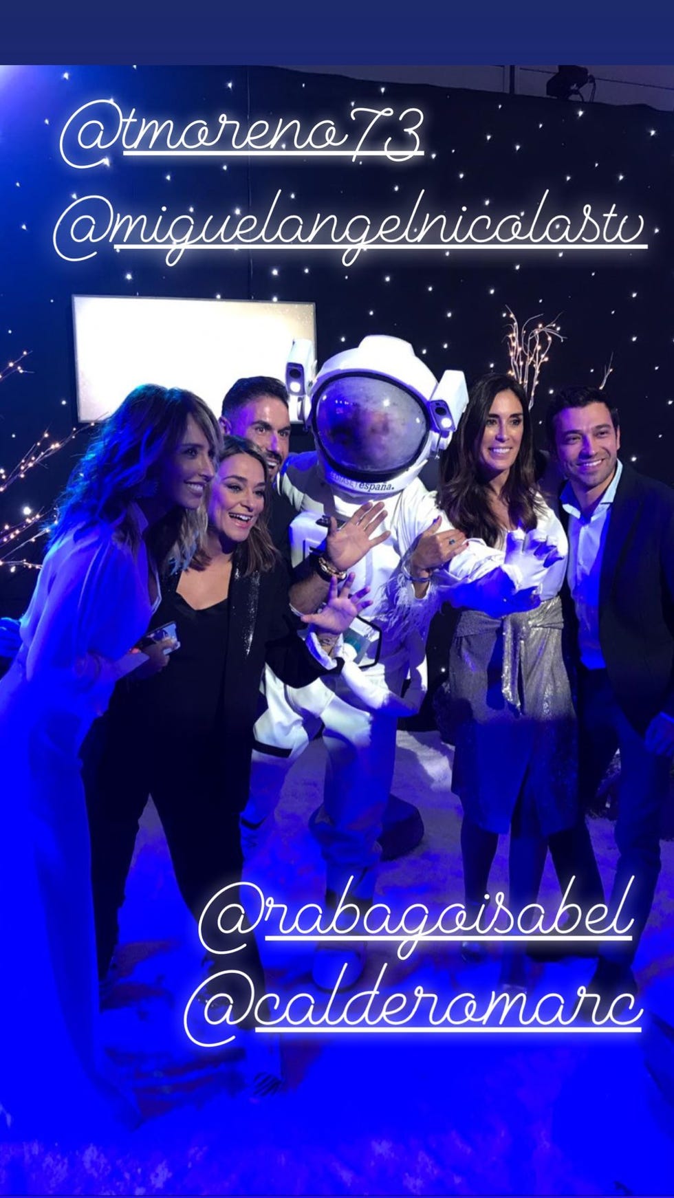 Emma García, Toñi Moreno, Marc Caldero, Isabel Rábago y Miguel Ángel Nicolás en la fiesta de Mediaset.
