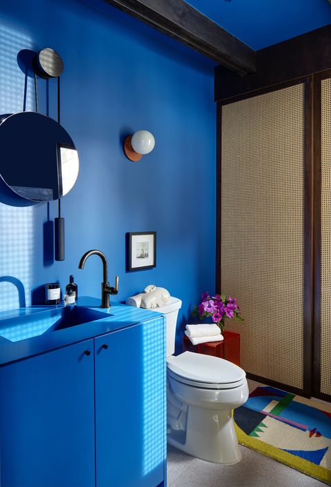 Blue, Bathroom, Room, Interior design, Turquoise, Purple, Property, Azure, Wall, Building, 