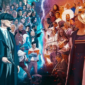 characters from peaky blinders, the walking dead, doctor who, killing eve, power, sex education, stranger things and game of thrones in battle formation against a lightning strike