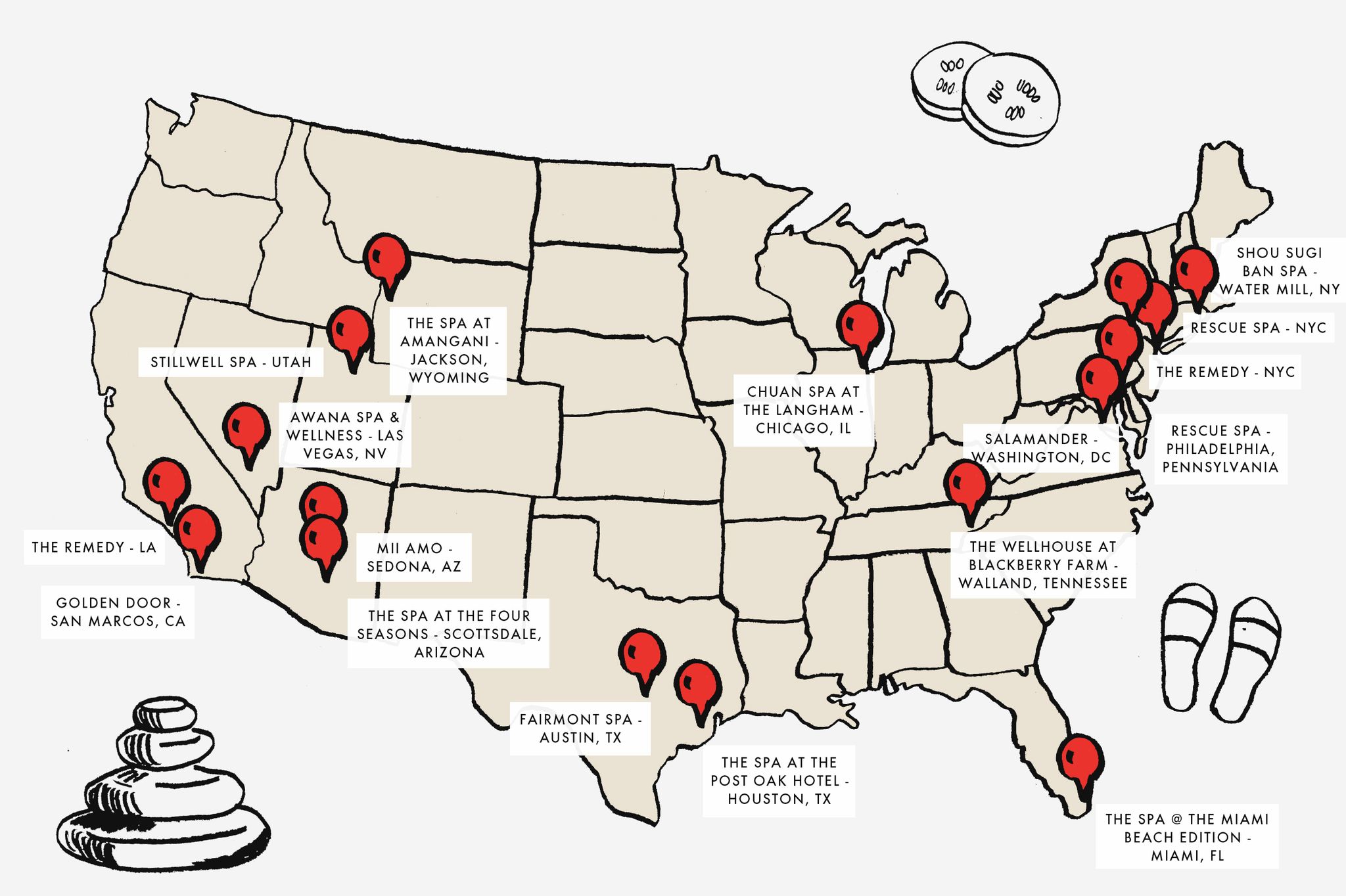 top 15 spas in the us map illustration