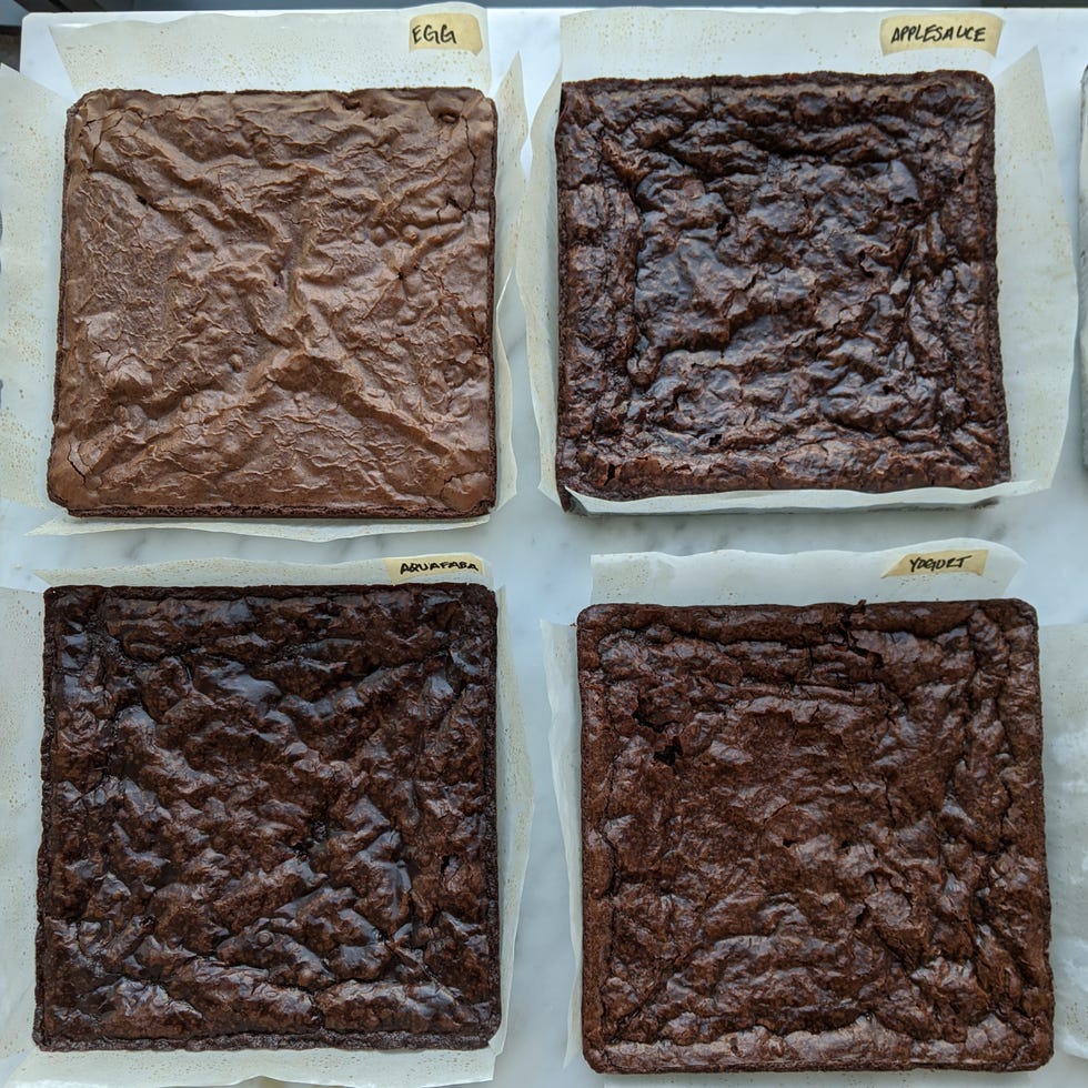 egg substitutes for baking four square brownies with labels indicating different egg replacements