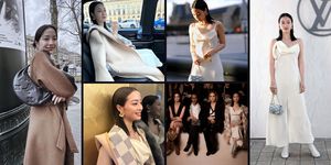 a collage of a person in a white dress