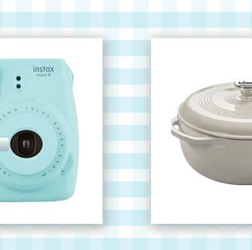instant print camera in light blue and enameled cast iron dutch oven in white