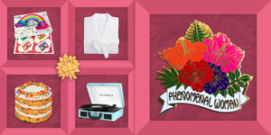 top gifts for her including waffle robes, bath bomb kits, cakes, record players, and encouraging enamel pins