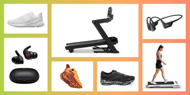 running shoes, treadmill, shokz headphones, walking pad, earbuds