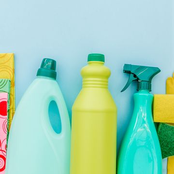 top view collection of cleaning supplies