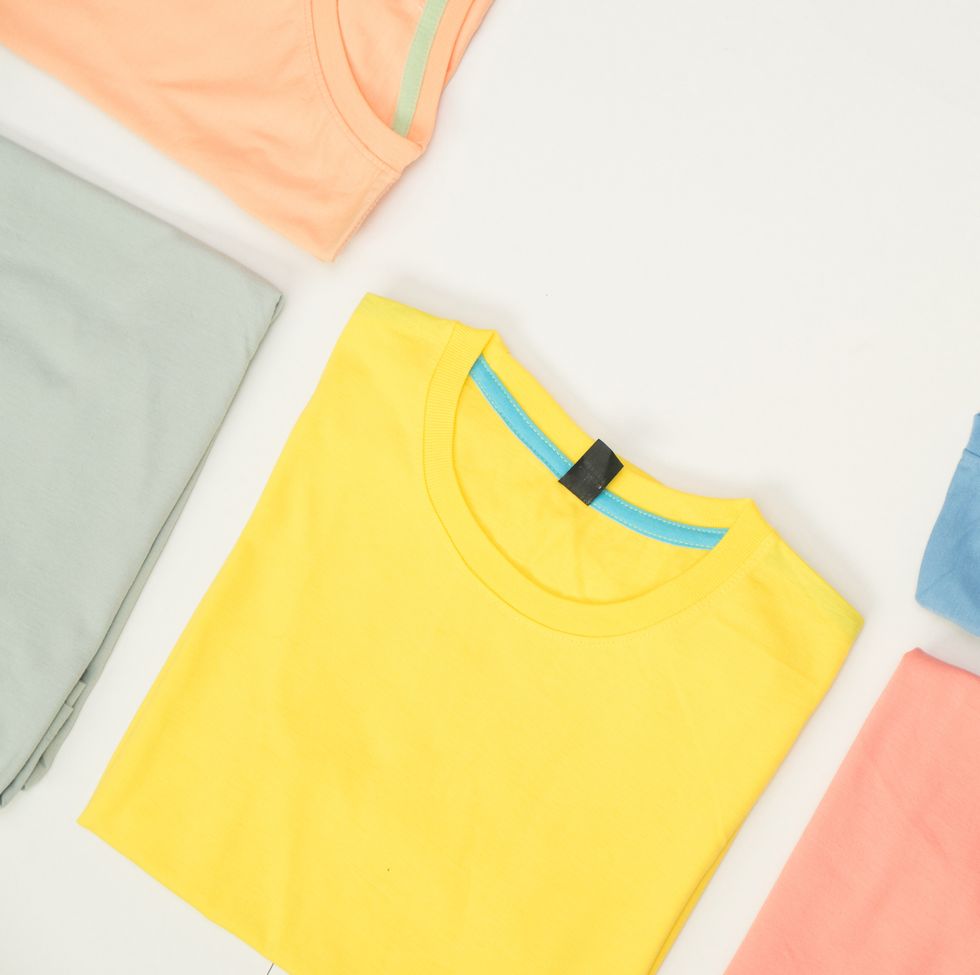 top view colourful t shirt collage and compose