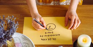 top view of girl calculate life path number on paper in home table spiritual numerology concept